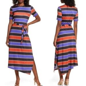 NWT Charles Henry Stripe Belted Asymmetrical dress